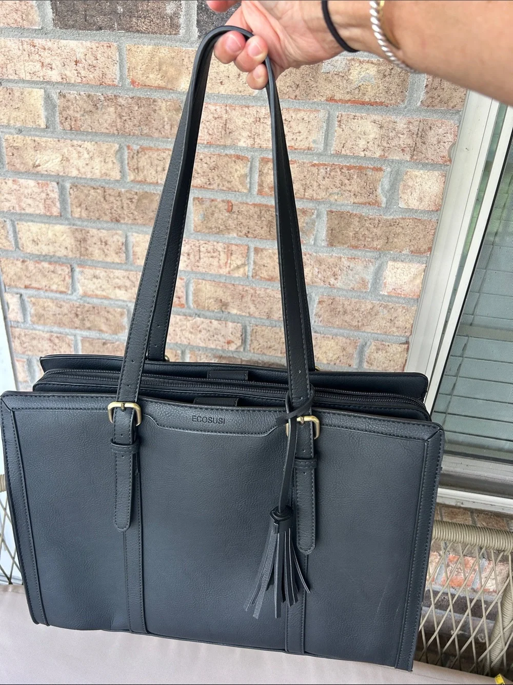 ECOSUSI Black Leather Laptop Tote with Tassel